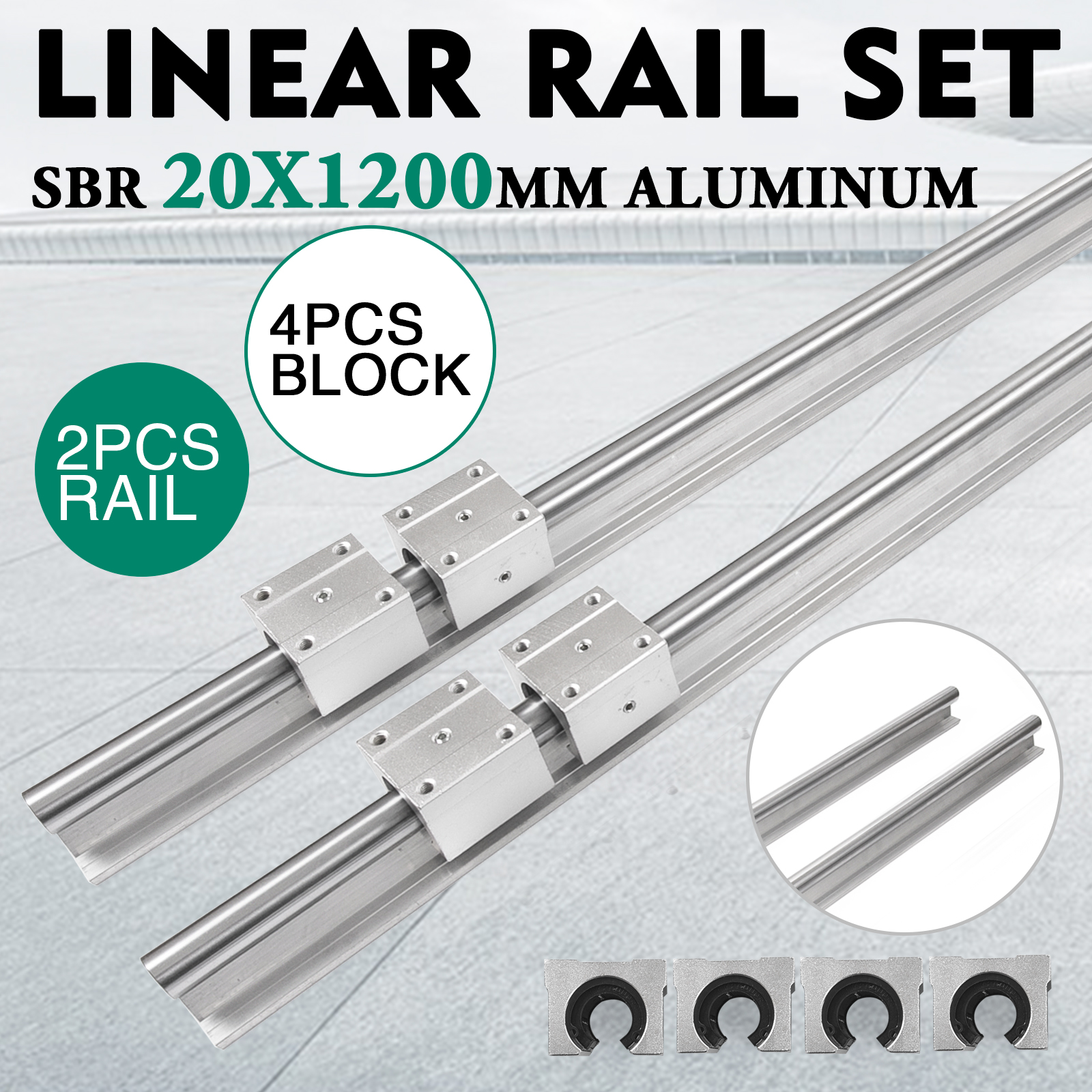 20MM SBR20-1200mm LINEAR SLIDE GUIDE SHAFT 2 RAIL+4SBR20UU BEARING BLOCK CNC set