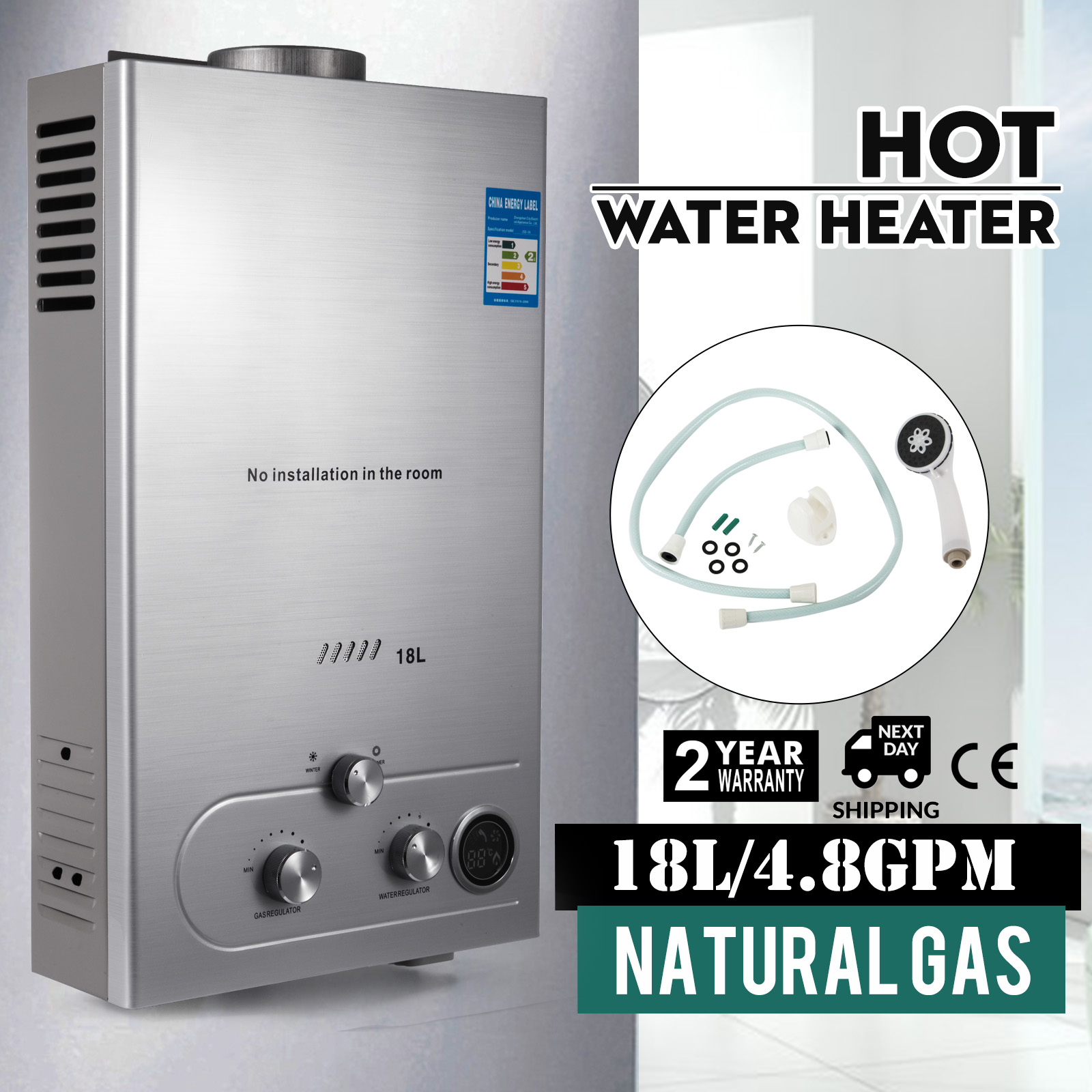 18L 5GPM Hot Water Heater Natural Gas Instant Tankless Boiler w/ Shower