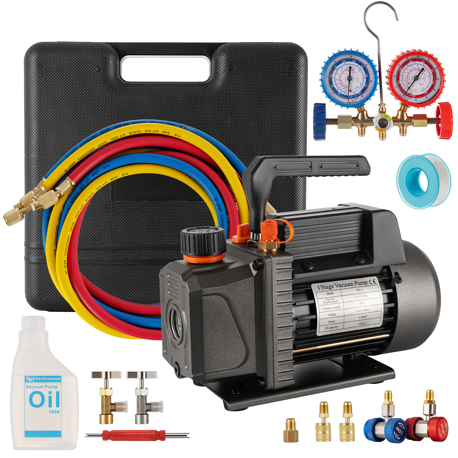 3,5CFM 1/4hp Air Vacuum Pump HVAC Refrigeration AC Manifold Gauge Set R134a Kit 3,5CFM 1/4hp Air Vacuum Pump HVAC Refrigeration AC Manifold Gauge Set R134a Kit