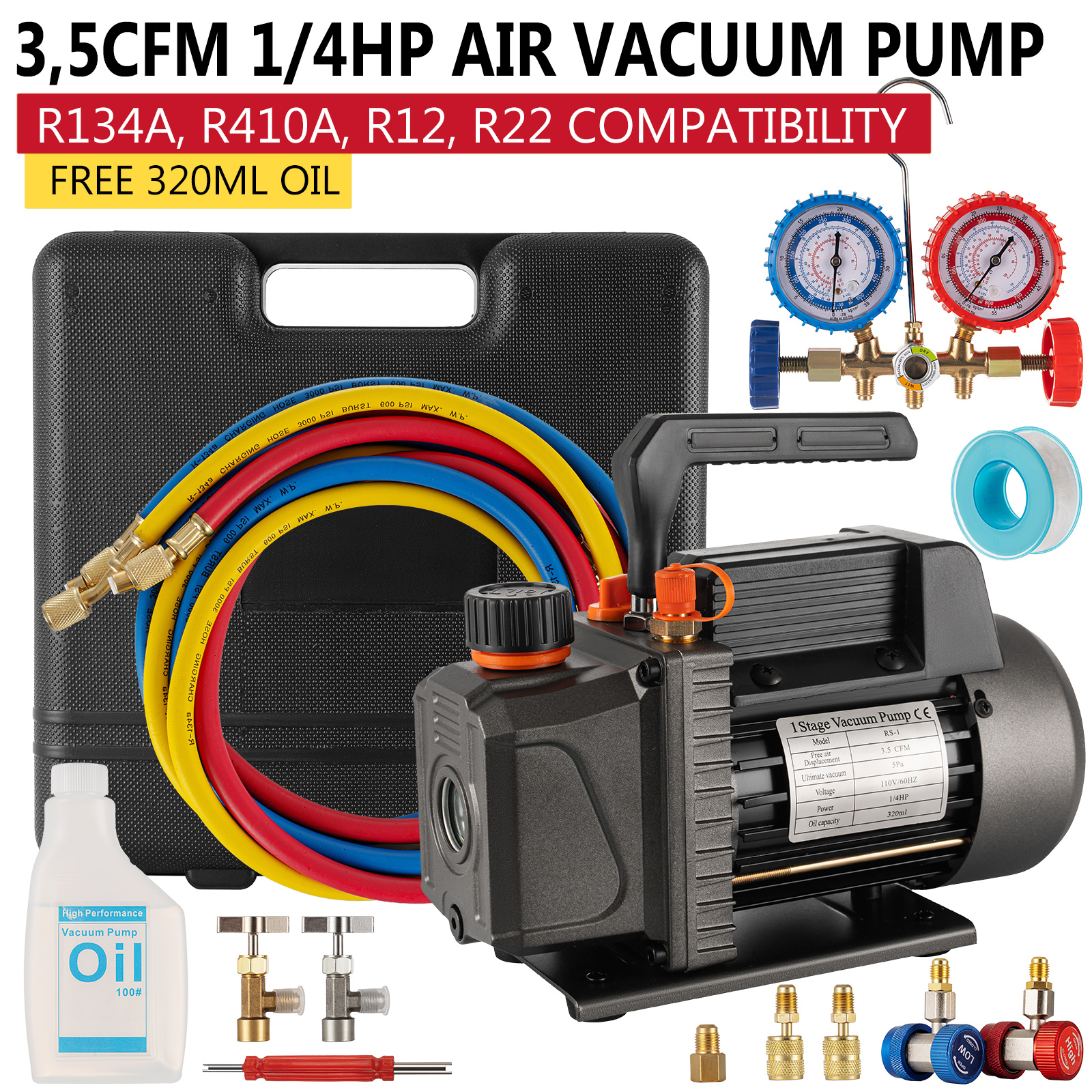 3,5CFM 1/4hp Air Vacuum Pump HVAC Refrigeration AC Manifold Gauge Set R134a Kit 3,5CFM 1/4hp Air Vacuum Pump HVAC Refrigeration AC Manifold Gauge Set R134a Kit