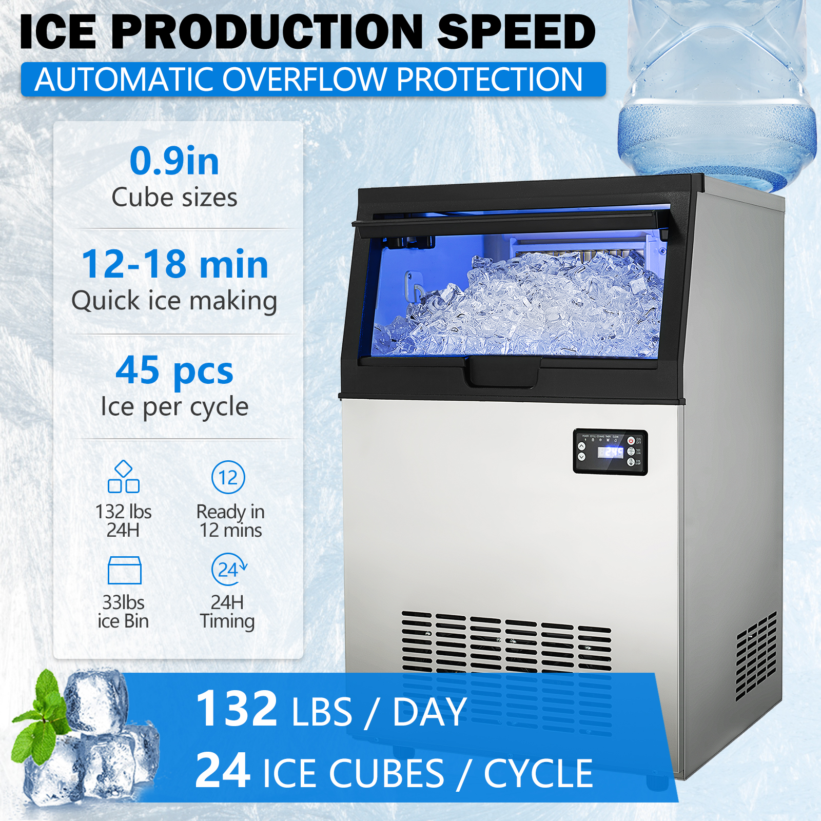110V 132LBS/24H Commercial Ice Maker Built-in Ice Cube Machine 33Lb Bin Storage 110V 132LBS/24H Commercial Ice Maker Built-in Ice Cube Machine 33Lb Bin Storage