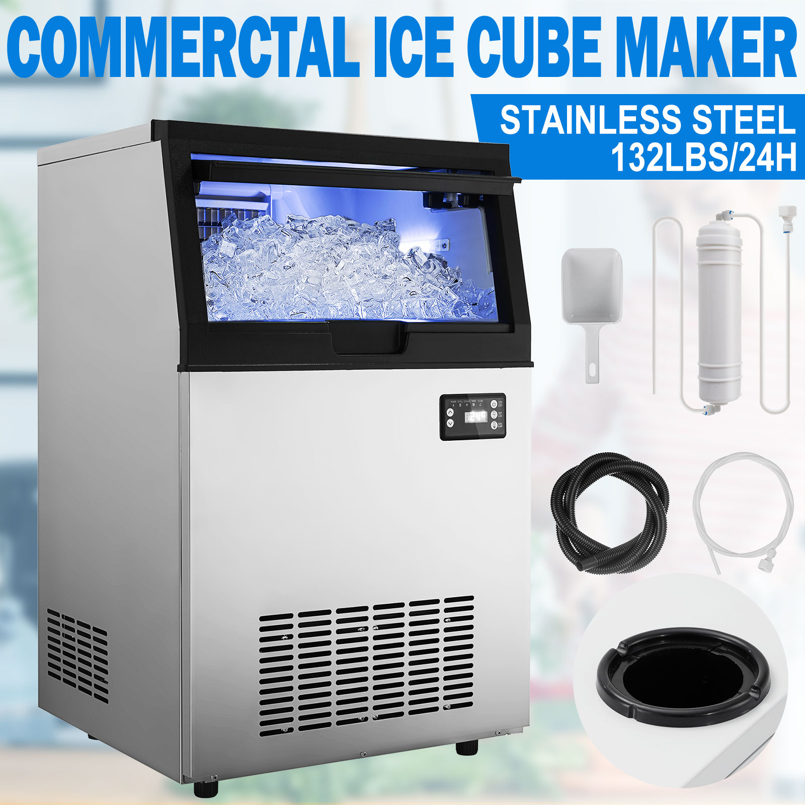 110V 132LBS/24H Commercial Ice Maker Built-in Ice Cube Machine 33Lb Bin Storage 110V 132LBS/24H Commercial Ice Maker Built-in Ice Cube Machine 33Lb Bin Storage