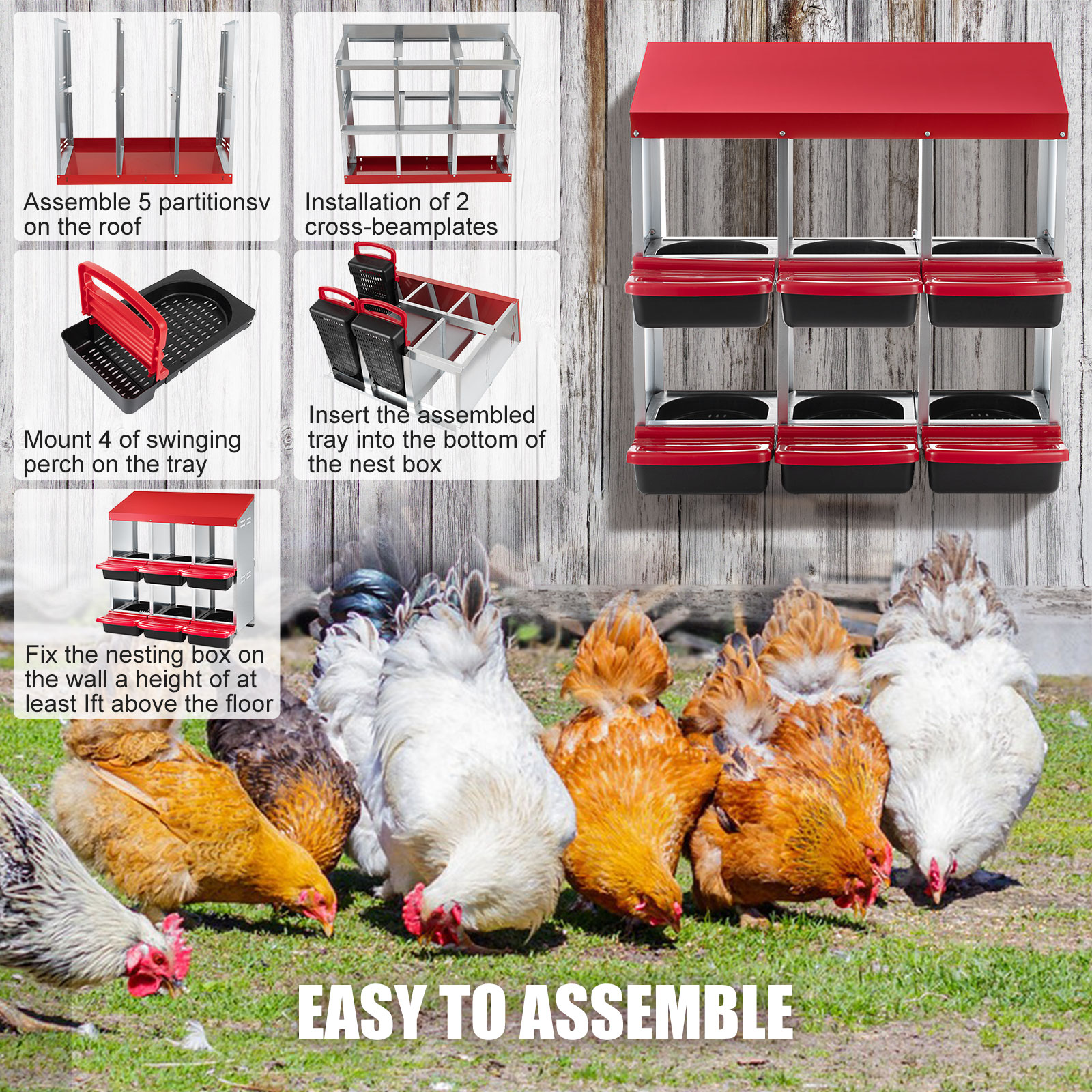 6 Hole Chicken Nesting Box Hen Laying Boxes Roll Away Nesting Box for Laying Egg