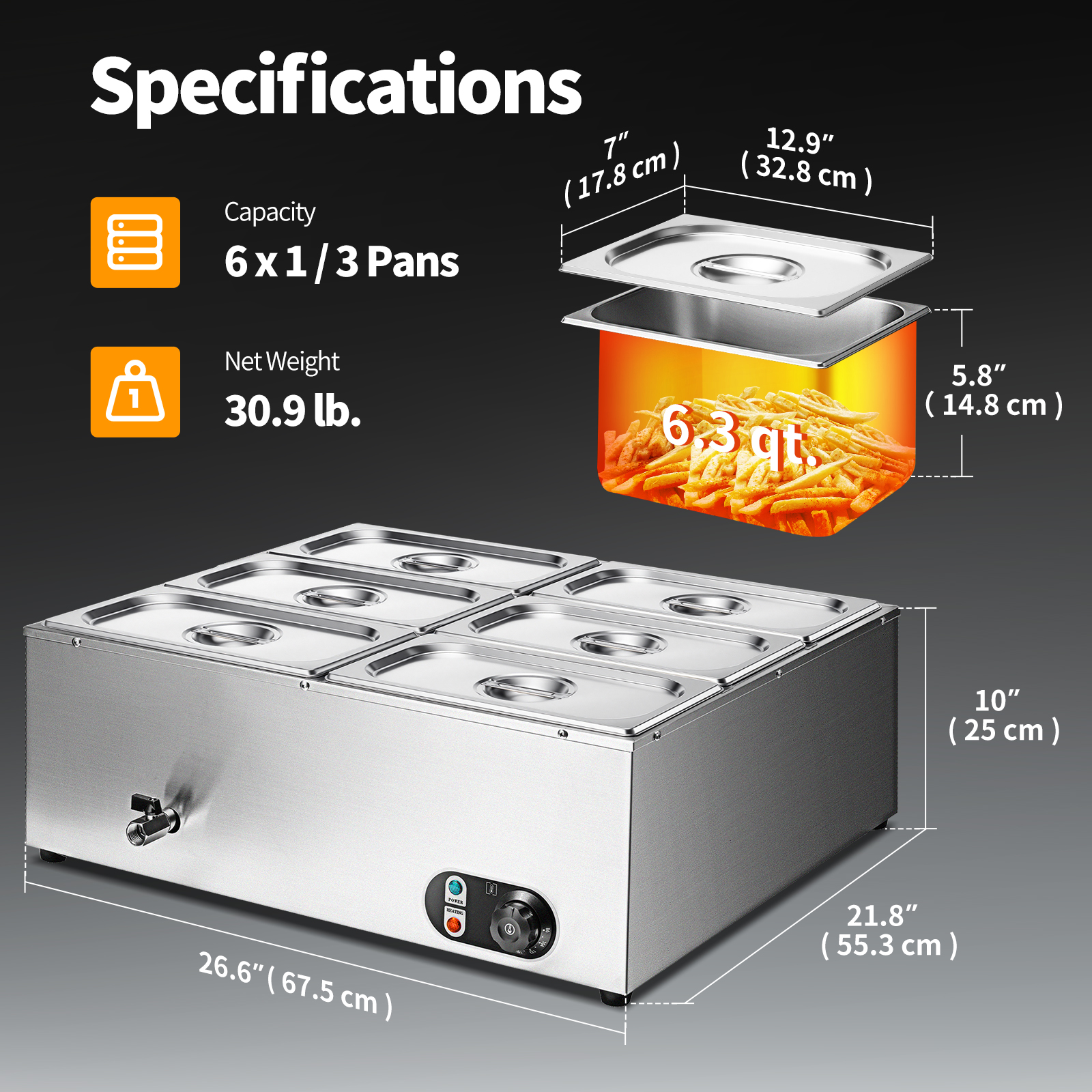 6-Pan Commercial Food Warmer Buffet Bain Marie Countertop Steam
