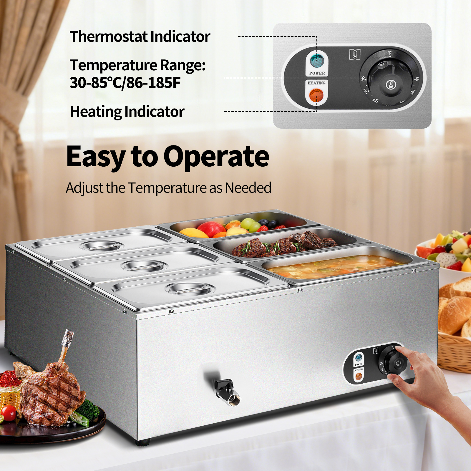 6-Pan Commercial Food Warmer Buffet Bain Marie Countertop Steam