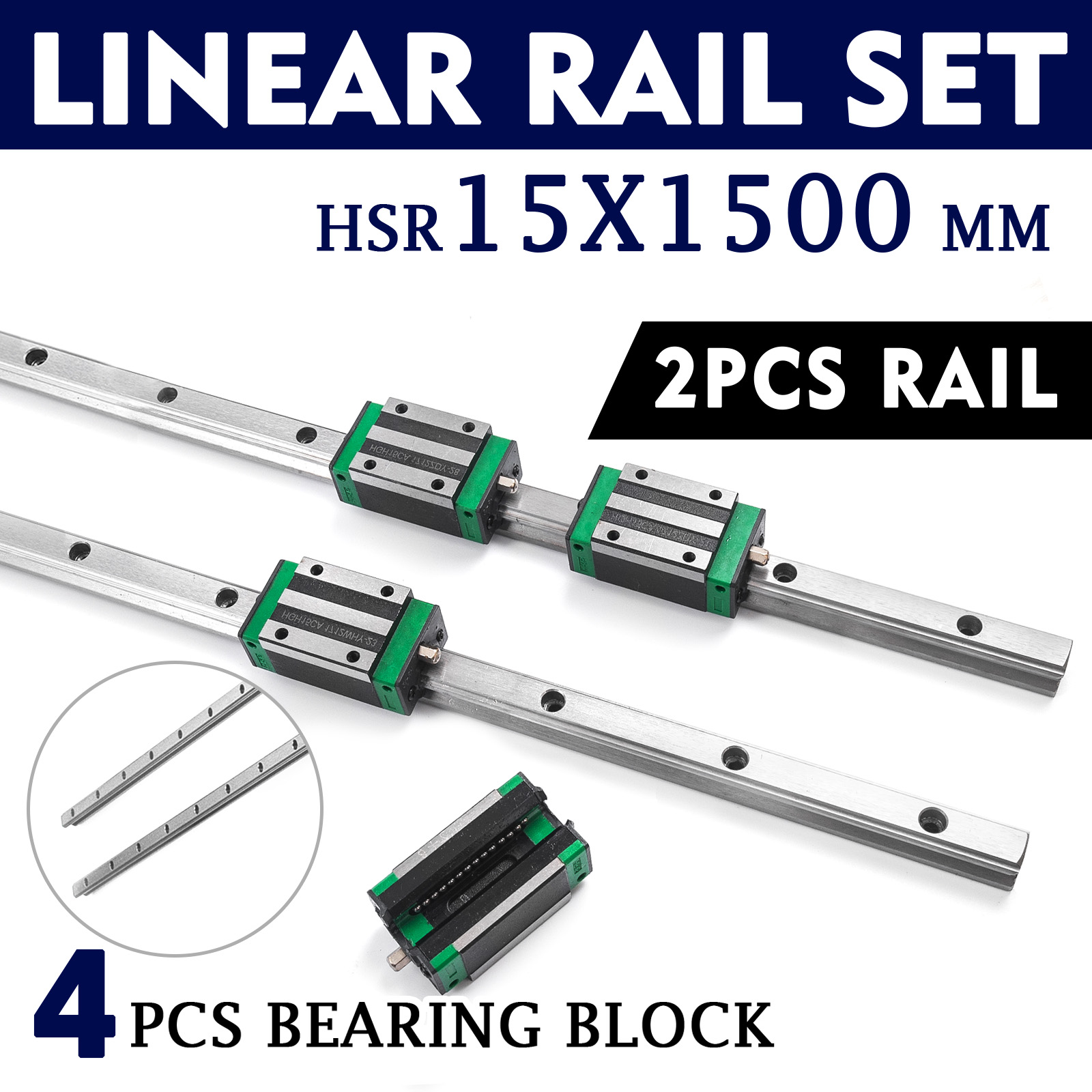 51500mm 2x Linear Guideway Rail 4x Square Type Bearing Block HGH 15CA