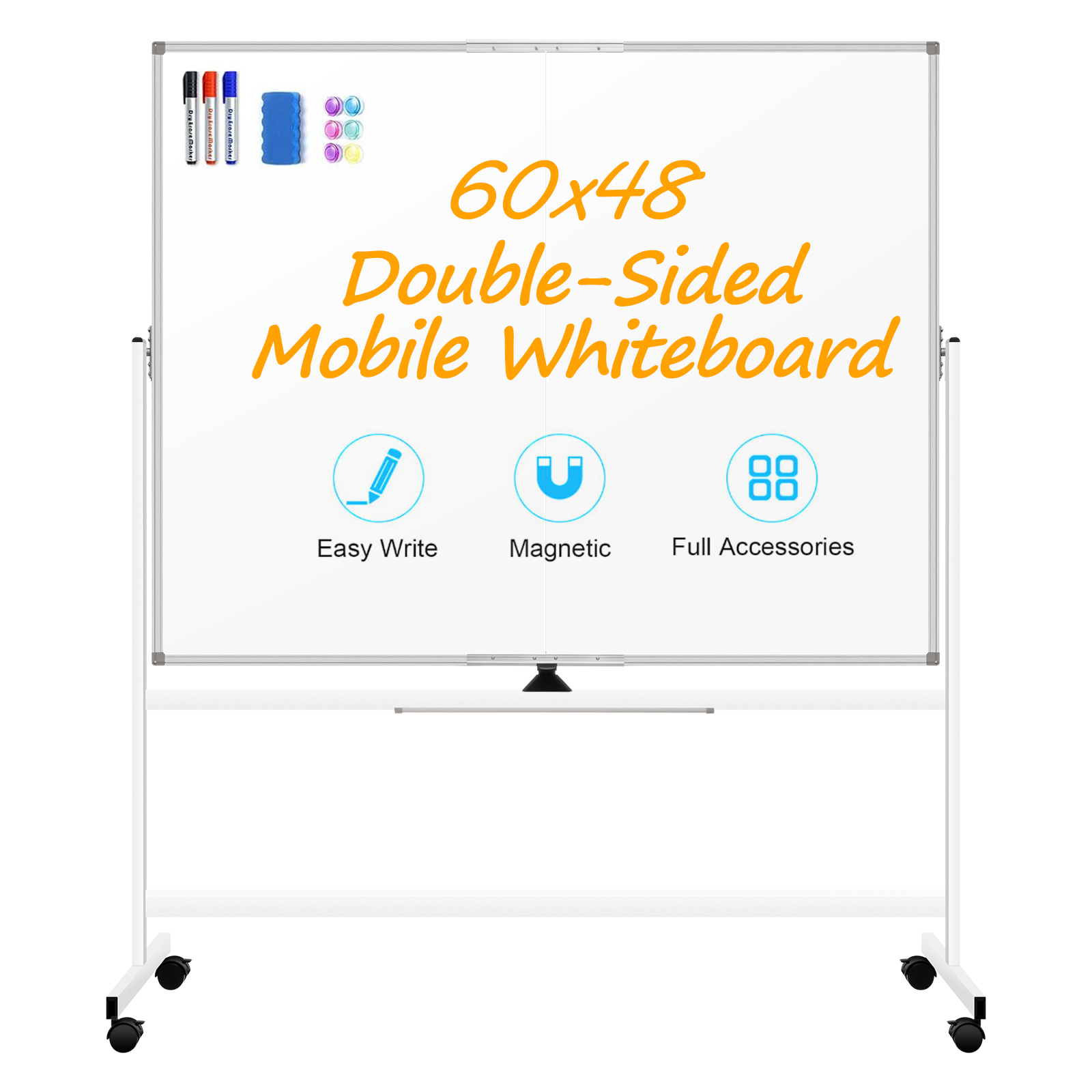 60 x 48 Double Sided Rolling Whiteboard, Mobile Whiteboard Magnetic White Board