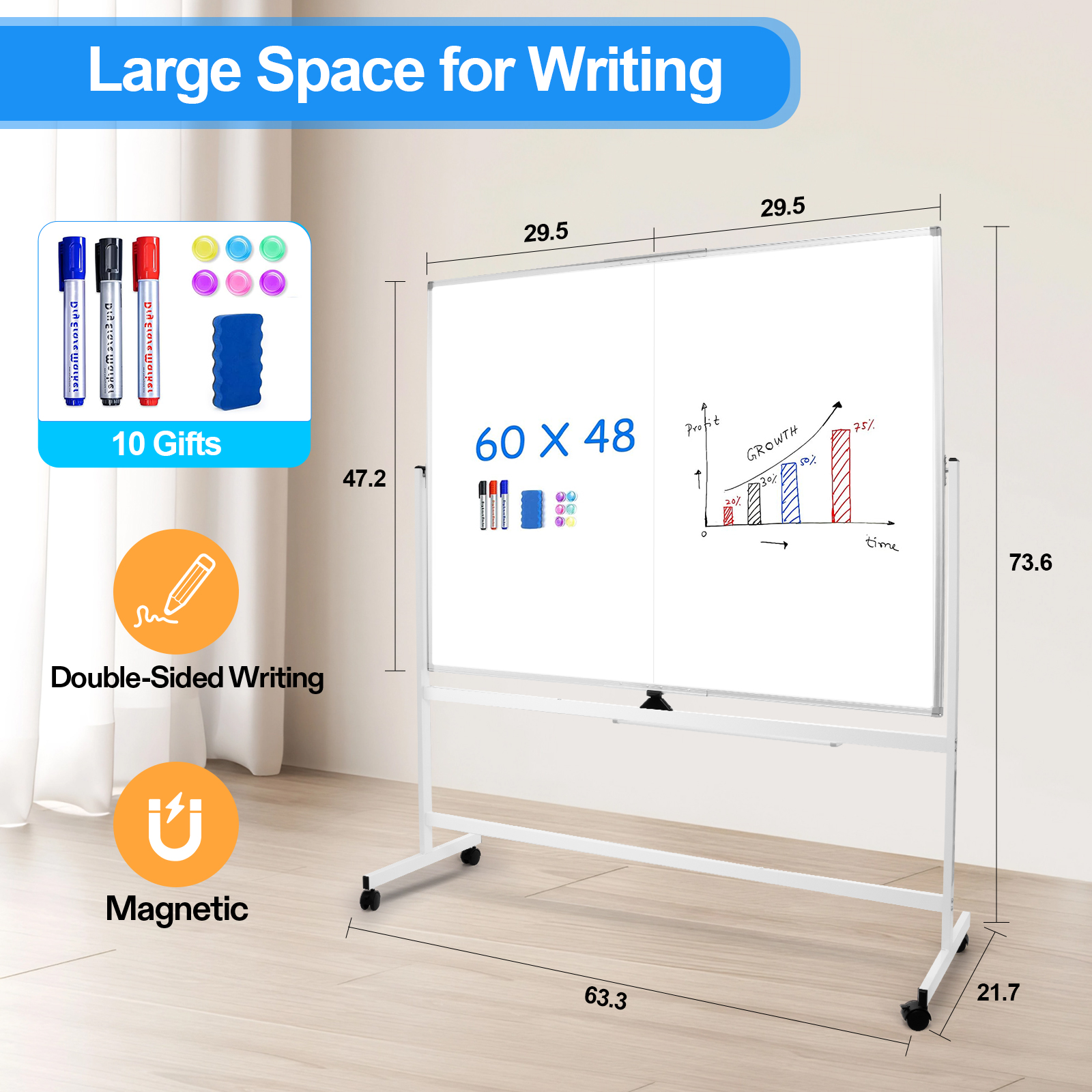 60 x 48 Double Sided Rolling Whiteboard, Mobile Whiteboard Magnetic White Board