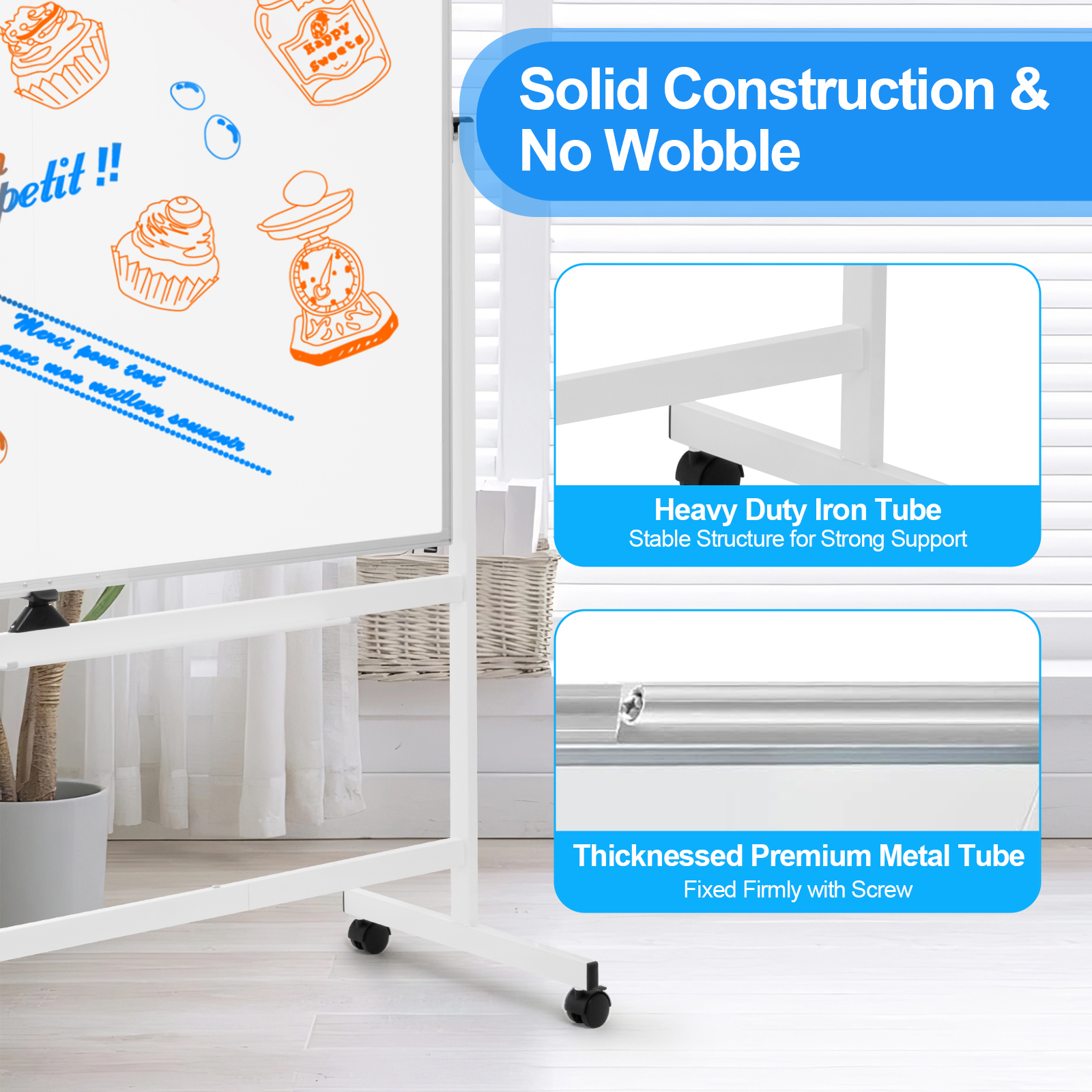 60 x 48 Double Sided Rolling Whiteboard, Mobile Whiteboard Magnetic White Board