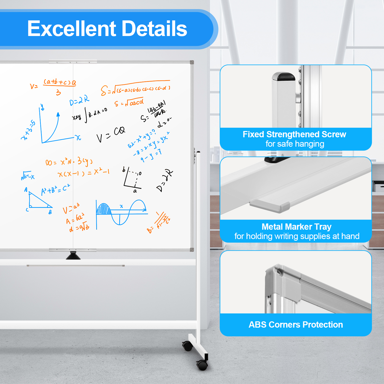 60 x 48 Double Sided Rolling Whiteboard, Mobile Whiteboard Magnetic White Board