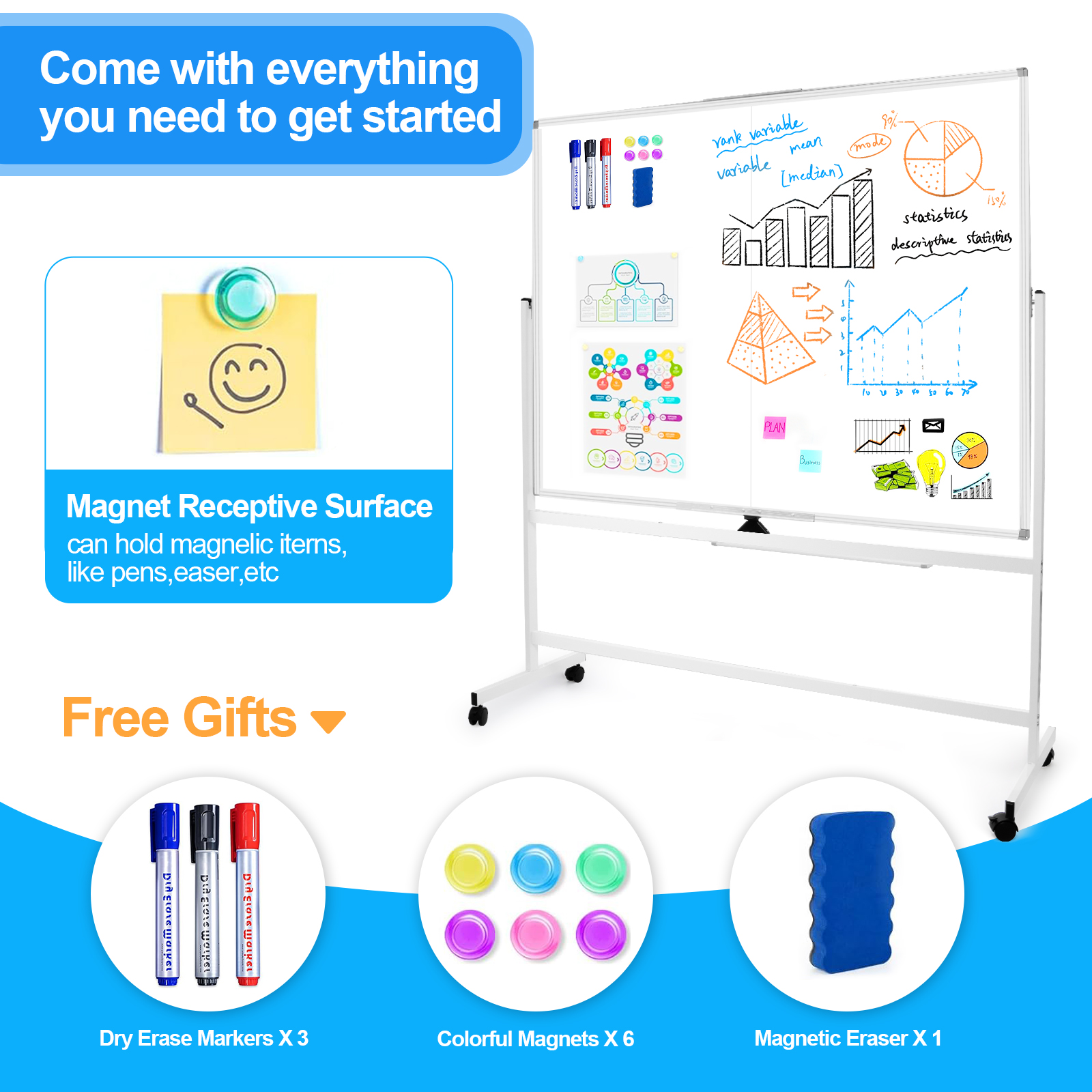 60 x 48 Double Sided Rolling Whiteboard, Mobile Whiteboard Magnetic White Board
