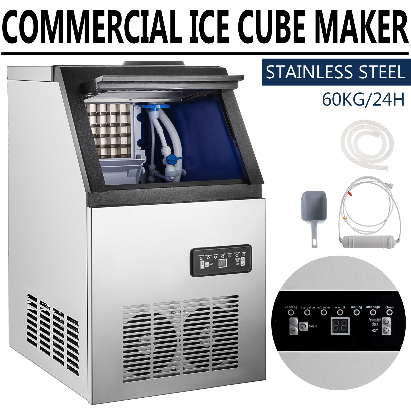 132Lbs Commercial Ice Maker Ice Cube Making Machine 60Kg 24Hrs