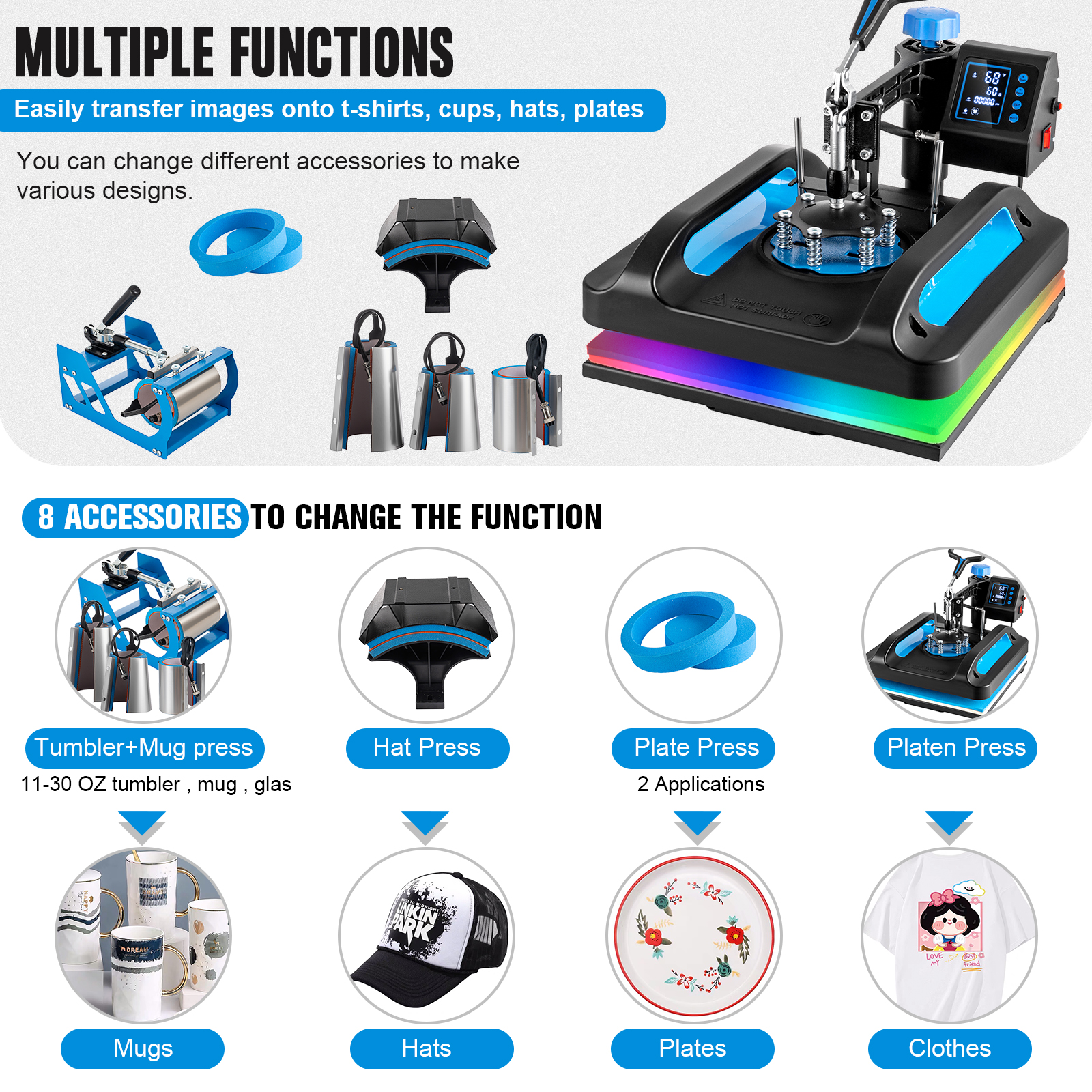 5 in 1 Heat Press Machine Digital Transfer Sublimation T-Shirt Mug Hat Plate Cap