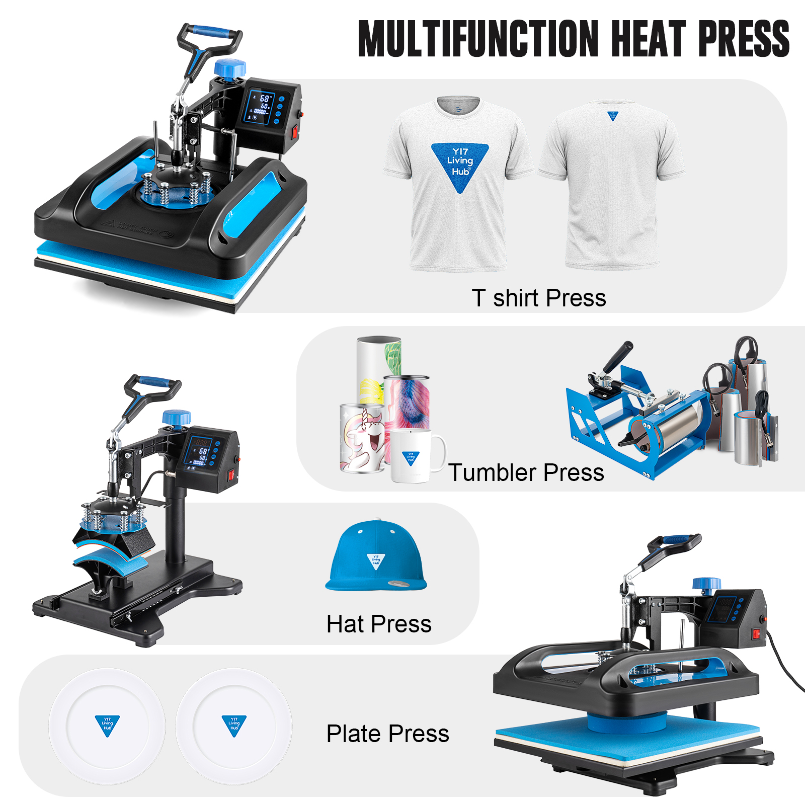 5 in 1 Heat Press Machine Digital Transfer Sublimation T-Shirt Mug Hat Plate Cap