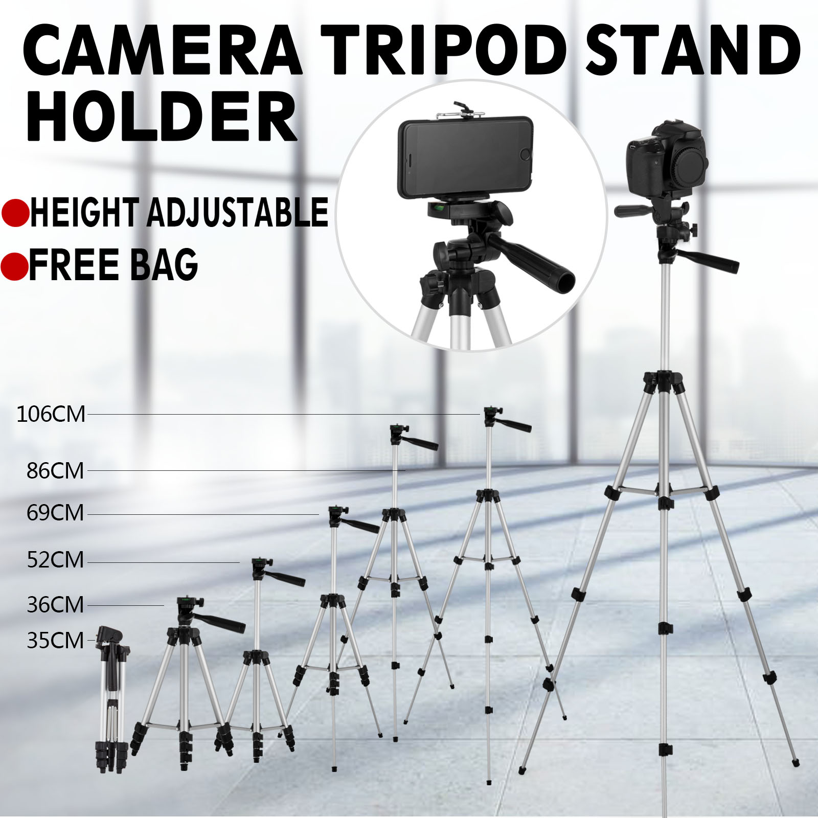 Portable Professional Adjustable Camera Tripod Stand Mount+Cell Phone