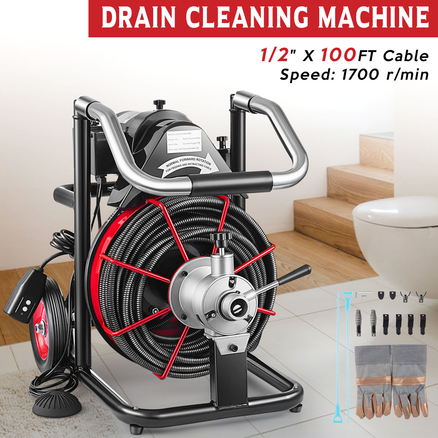 Commercial Drain Cleaner 100ft x 1/2" Sewer Snake Drain Auger Cleaning w/ Cutter