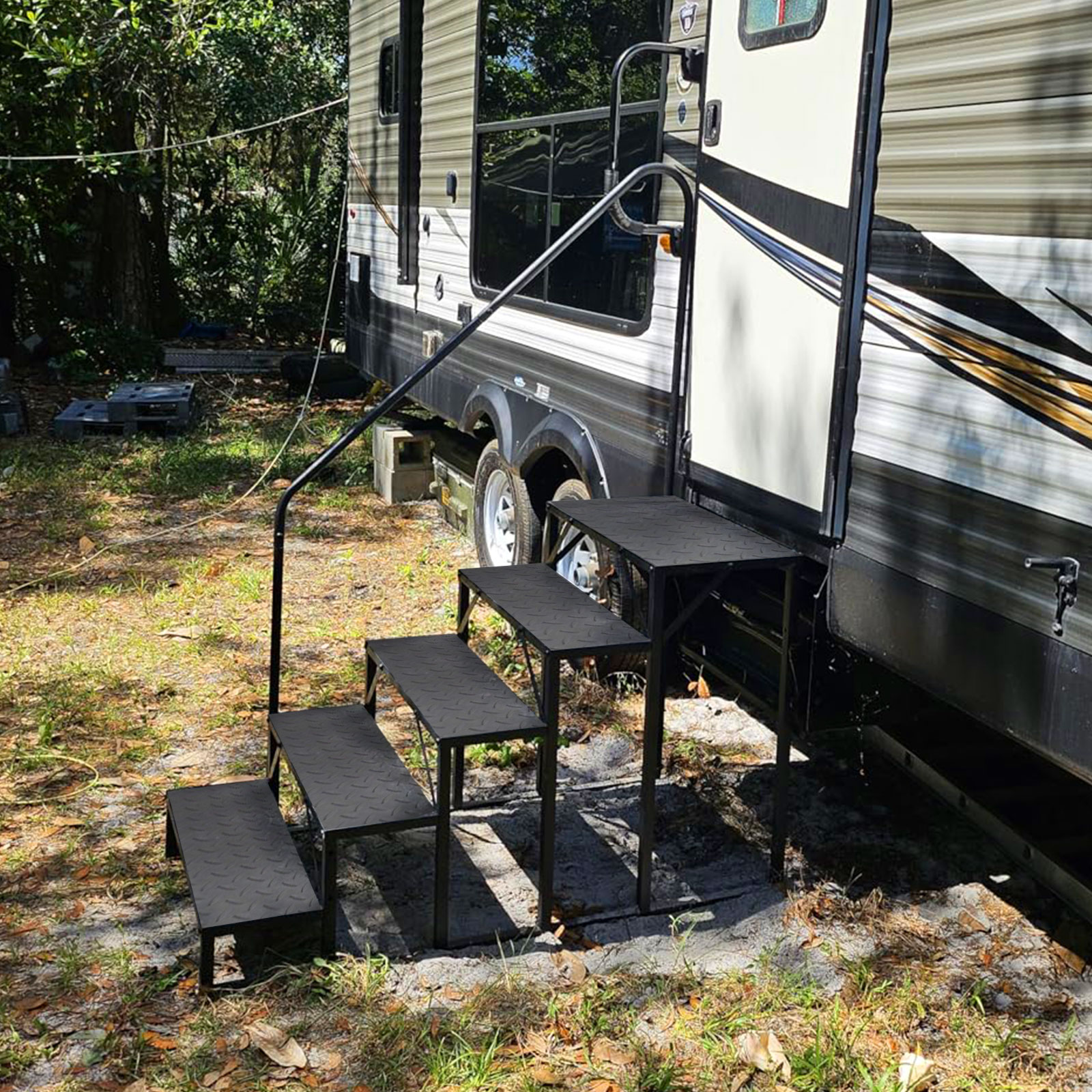 RV Steps with Handrail, 4 Step Hot Tub Stairs, Upgrade Anti-Slip RV Stairs Steps for Safety in and Out of RV, Camper, Mobile Home 