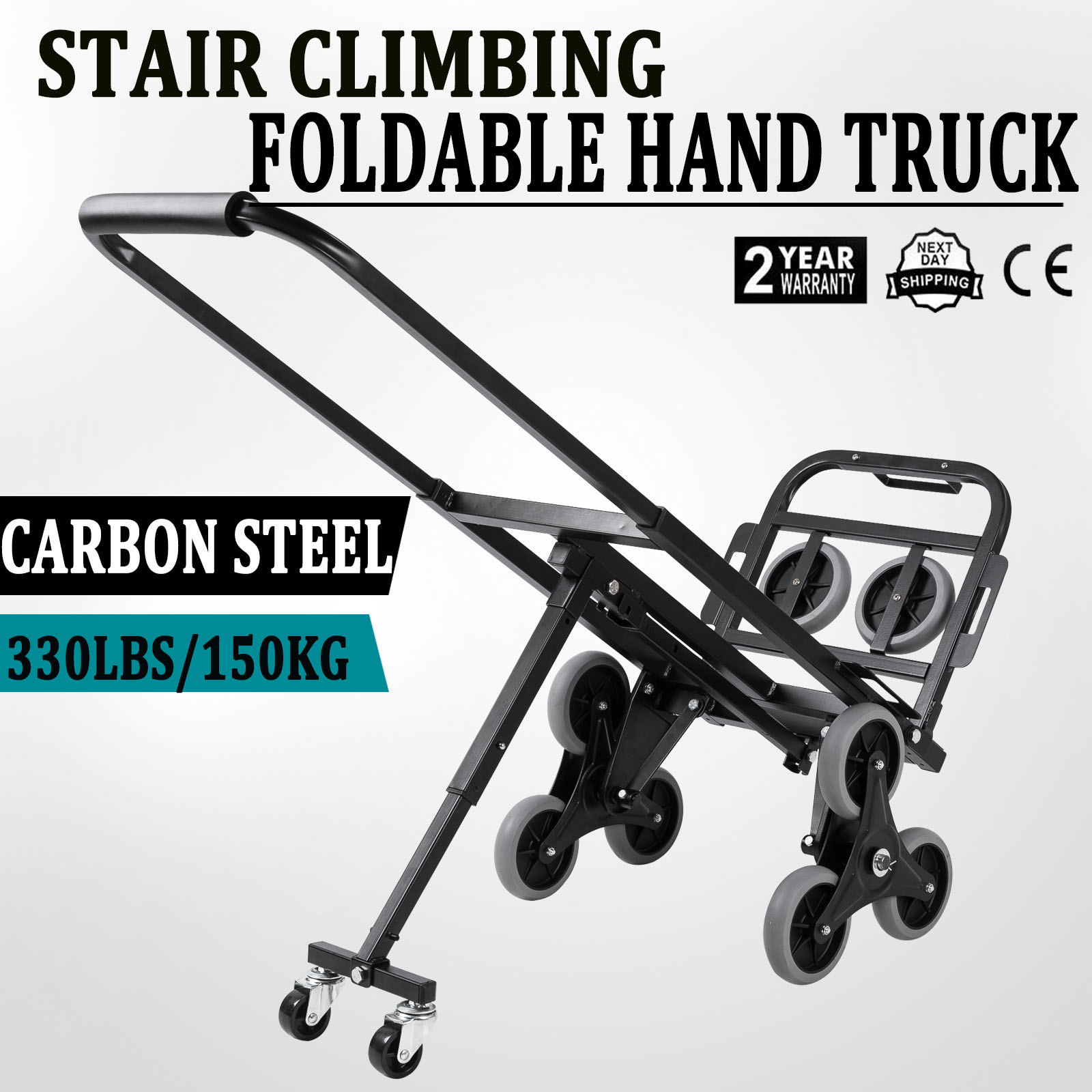 150kg/330lb Heavy Duty 6 Wheel Stair Climber Climbing Cart Portable Folding Barrow W/ 2 Backup Wheels 